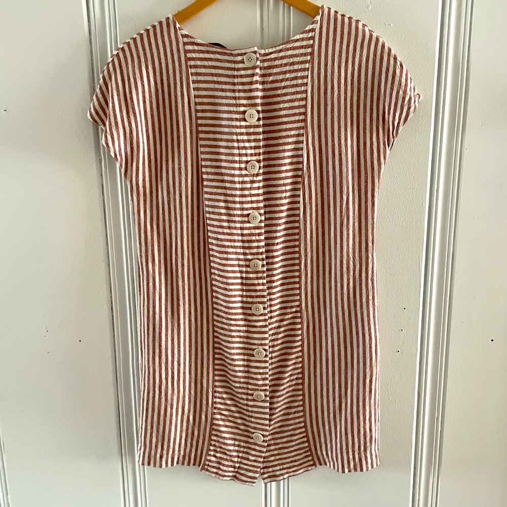 Madewell Linen Button Back Mini Dress Top with Red and Cream Stripes